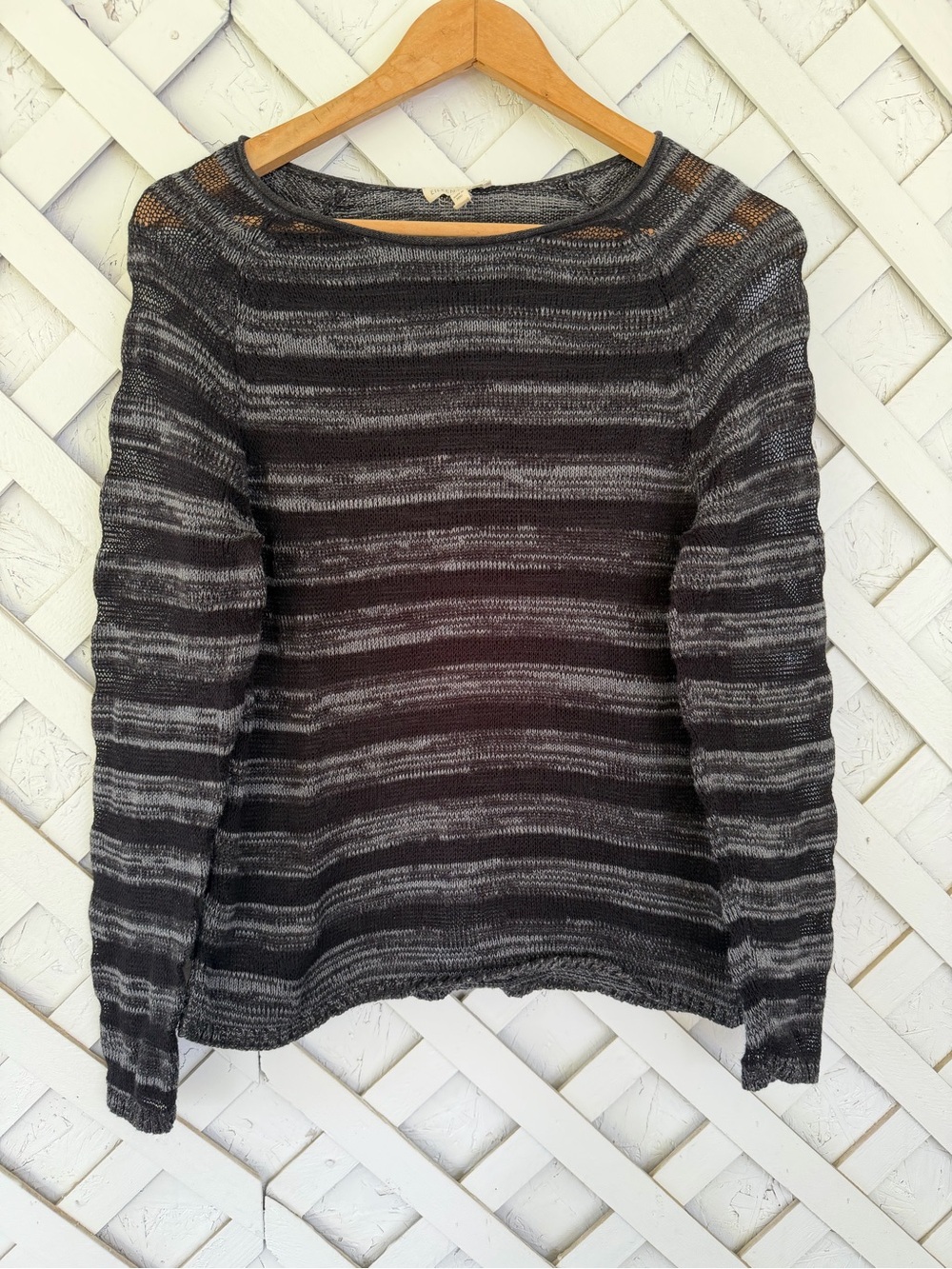 Eileen Fisher Black and Gray Striped Scoop Neck Knit Sweater Organic Cotton XS